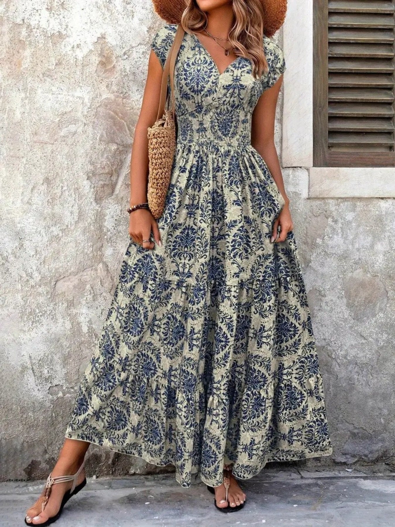 printed-cap-sleeve-maxi-dress-side-view-lightweight-design