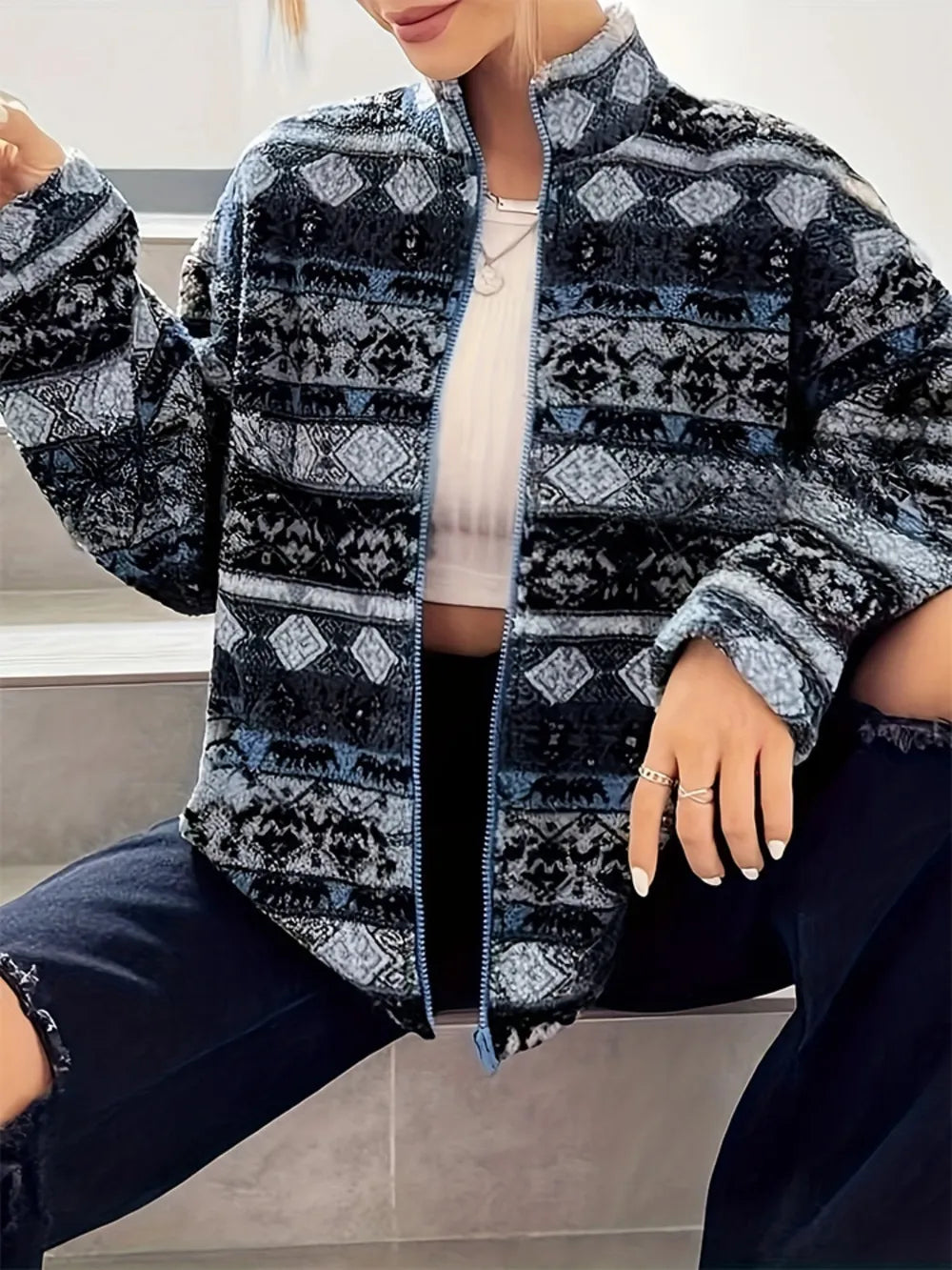geometric-turtleneck-zip-up-jacket-front-view-womens-fashion