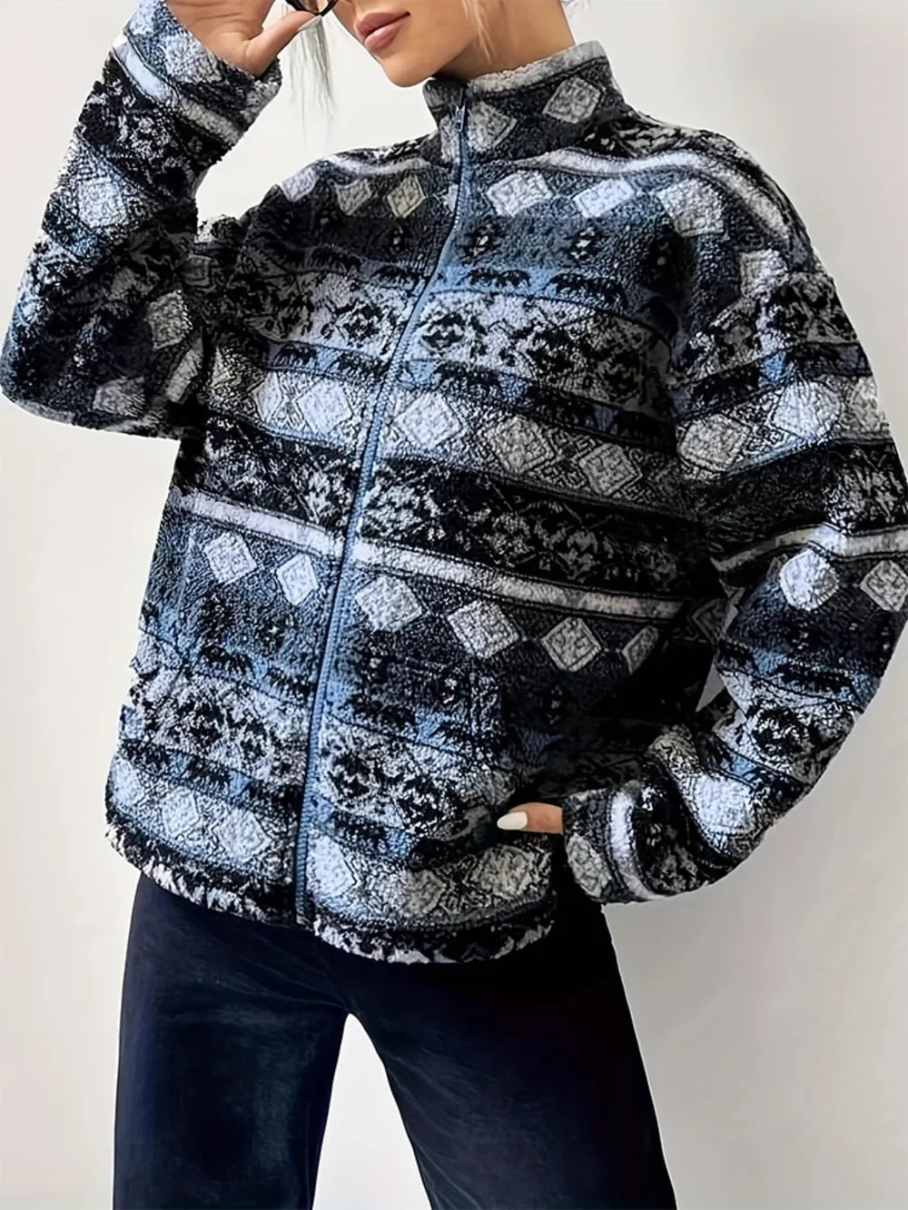 geometric-turtleneck-zip-up-jacket-front-view-womens-fashion