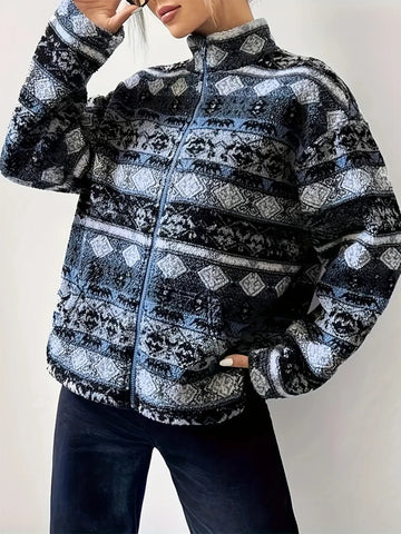 geometric-turtleneck-zip-up-jacket-front-view-womens-fashion