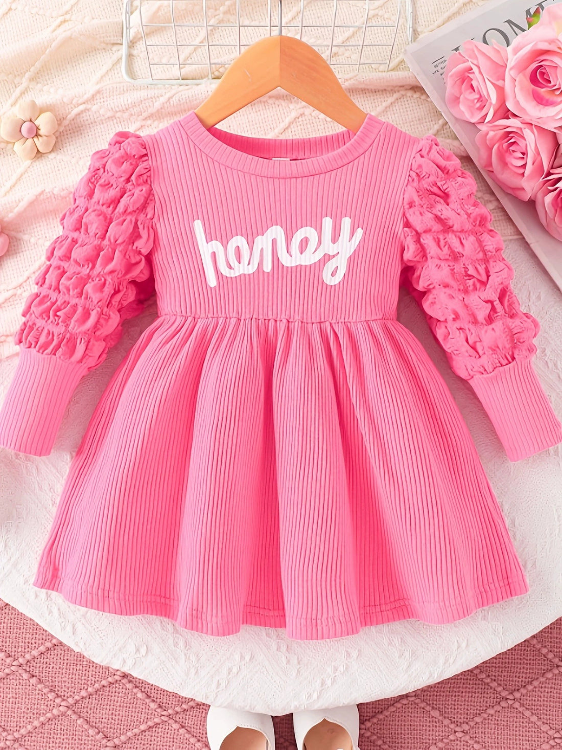 girls-honey-bubble-texture-sleeve-dress-front-view-kids-casual-outfit