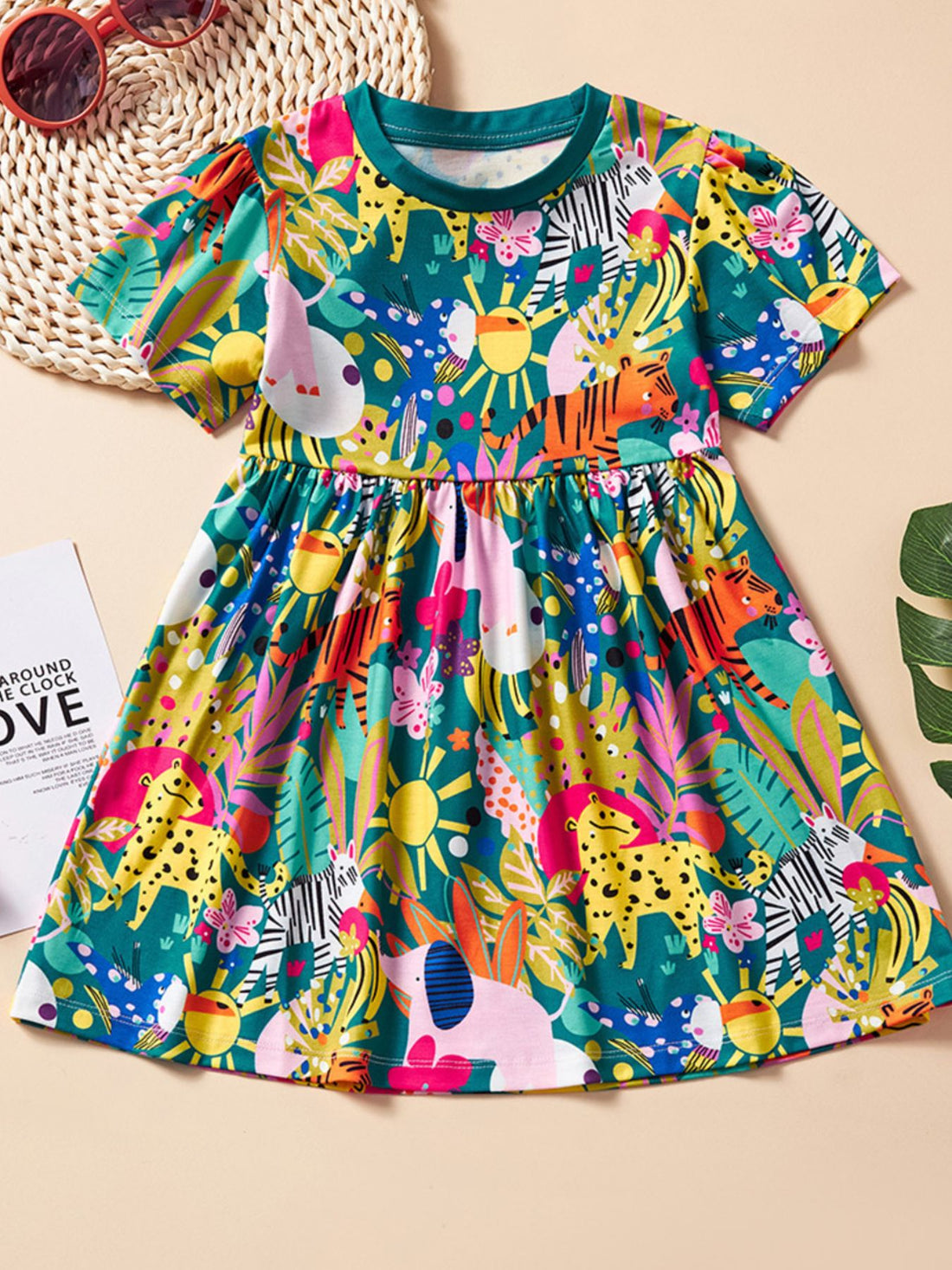 girls-printed-short-sleeve-dress-front-view-kids-casual-summer-outfit