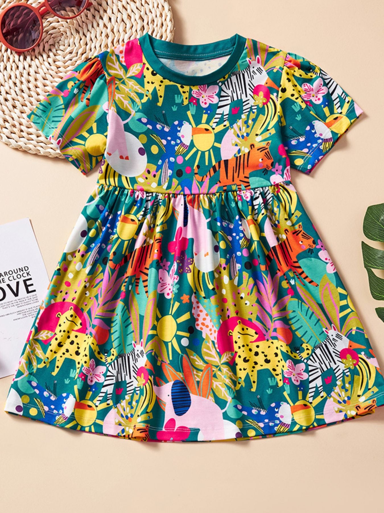 girls-printed-short-sleeve-dress-front-view-kids-casual-summer-outfit