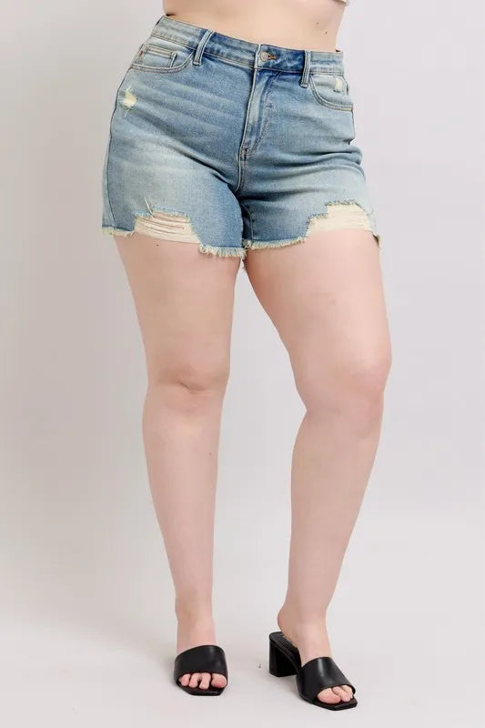 judy-blue-plus-size-high-rise-destroyed-denim-shorts-front-view-womens-fashion