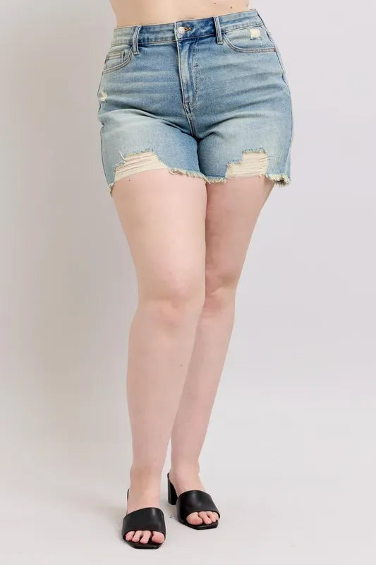 judy-blue-plus-size-high-rise-destroyed-denim-shorts-front-view-womens-fashion