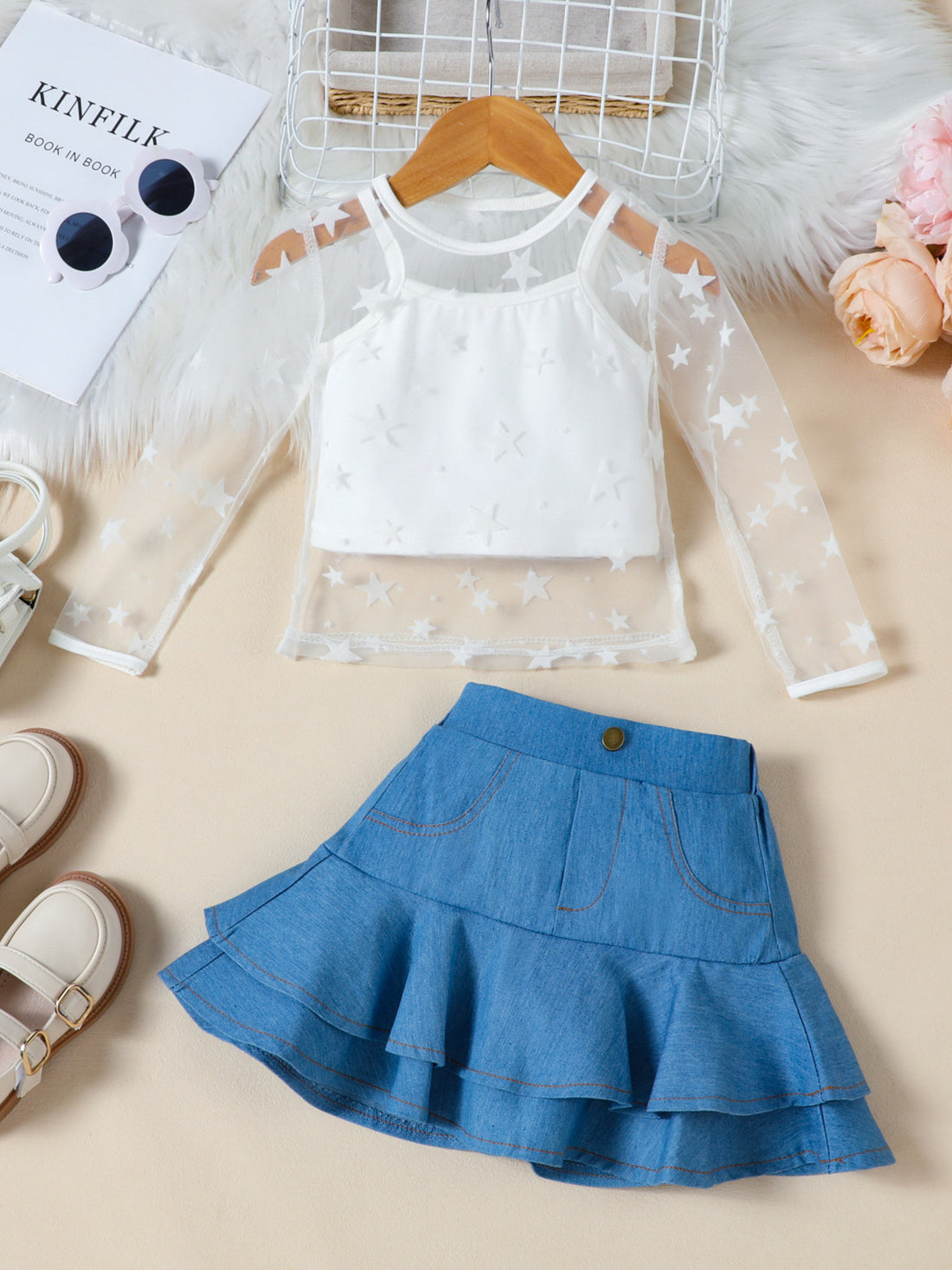 kids-cami-star-print-mesh-top-and-denim-skirt-set-front-view-casual-kids-fashion