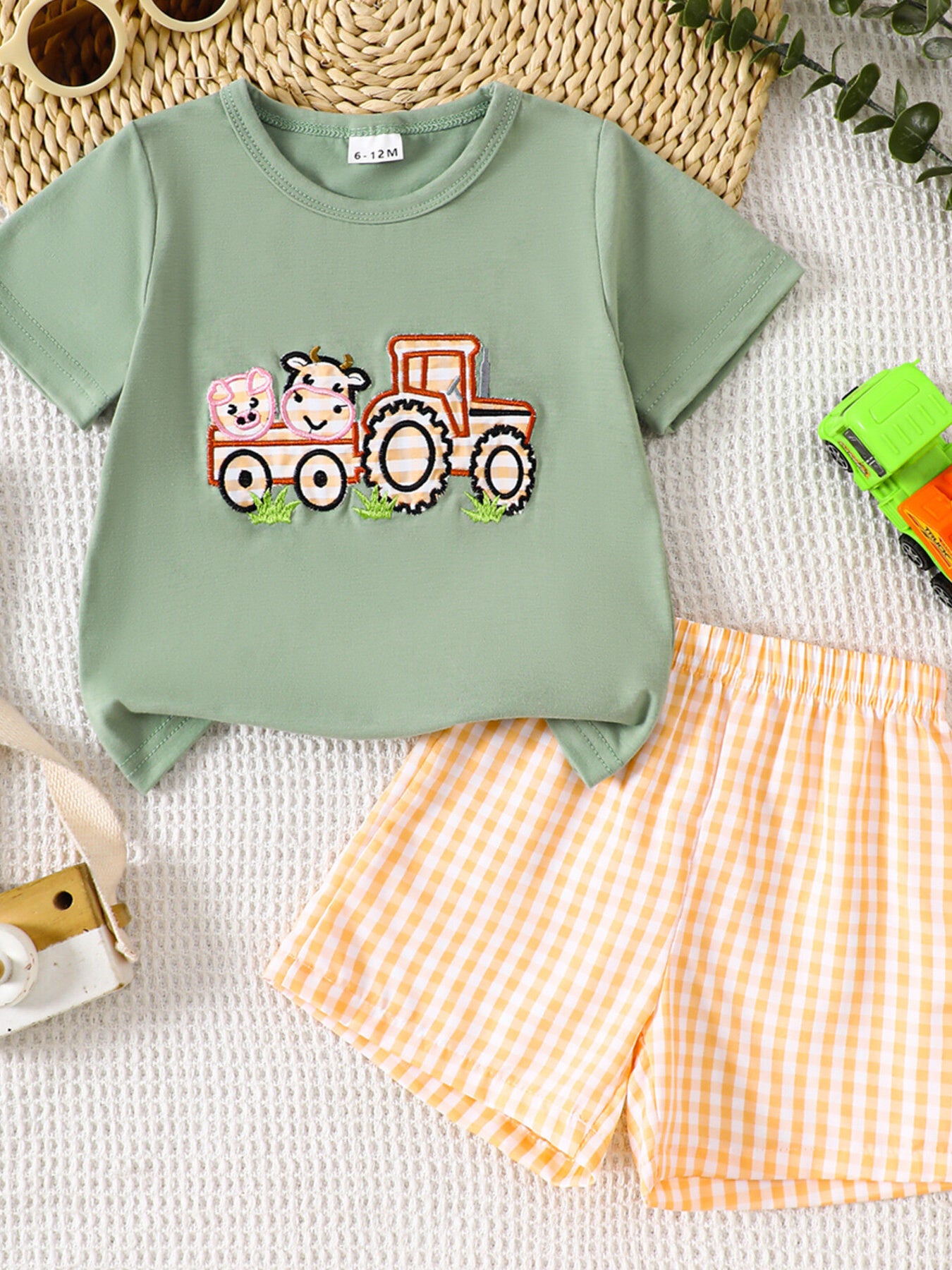 kids-cartoon-tractor-embroidered-tee-shorts-set-front-view-casual-kids-fashion