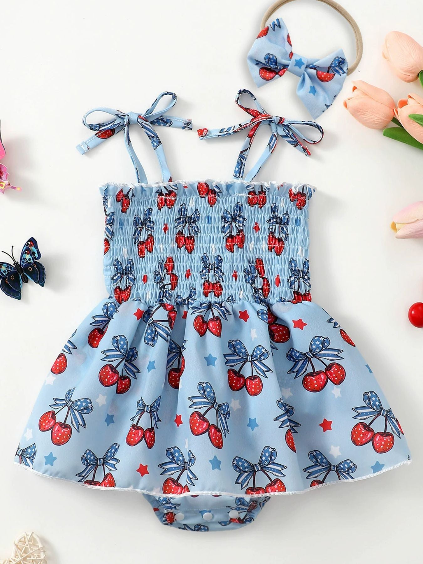 kids-cherry-print-bodysuit-dress-and-headband-set-front-view-cute-outfit