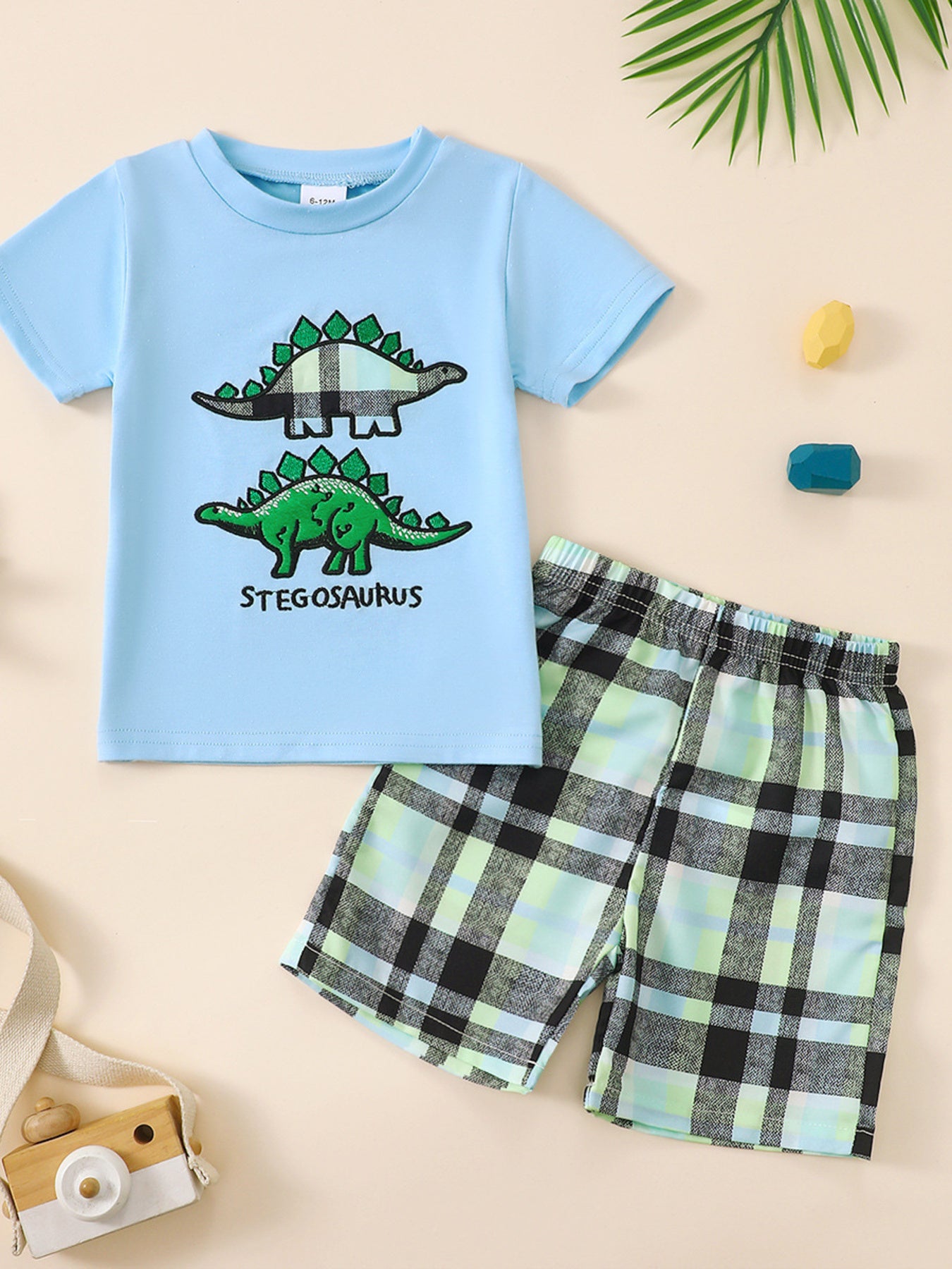 kids-dinosaur-tee-plaid-shorts-set-front-view-casual-kids-outfit