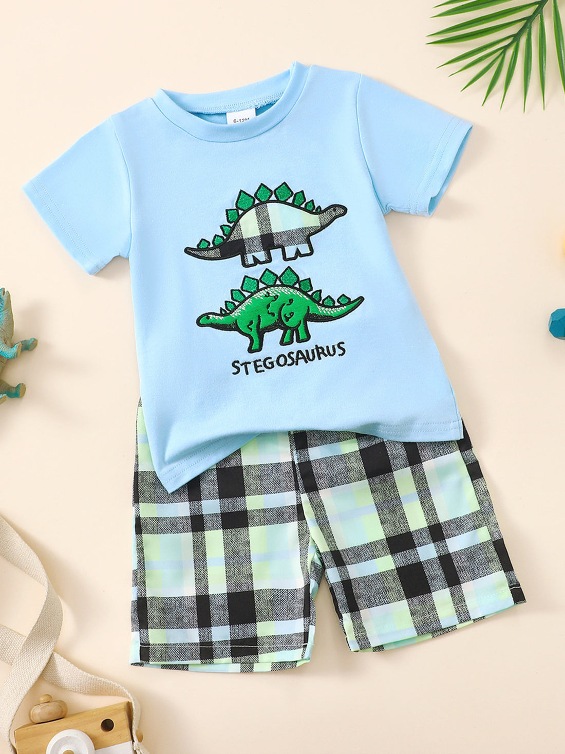kids-dinosaur-tee-plaid-shorts-set-front-view-casual-kids-outfit