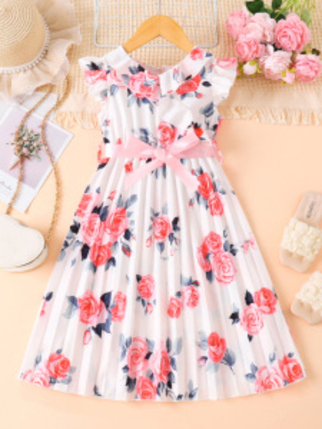 kids-floral-print-ruffle-trim-bow-pleated-dress-front-view-cute-outfit