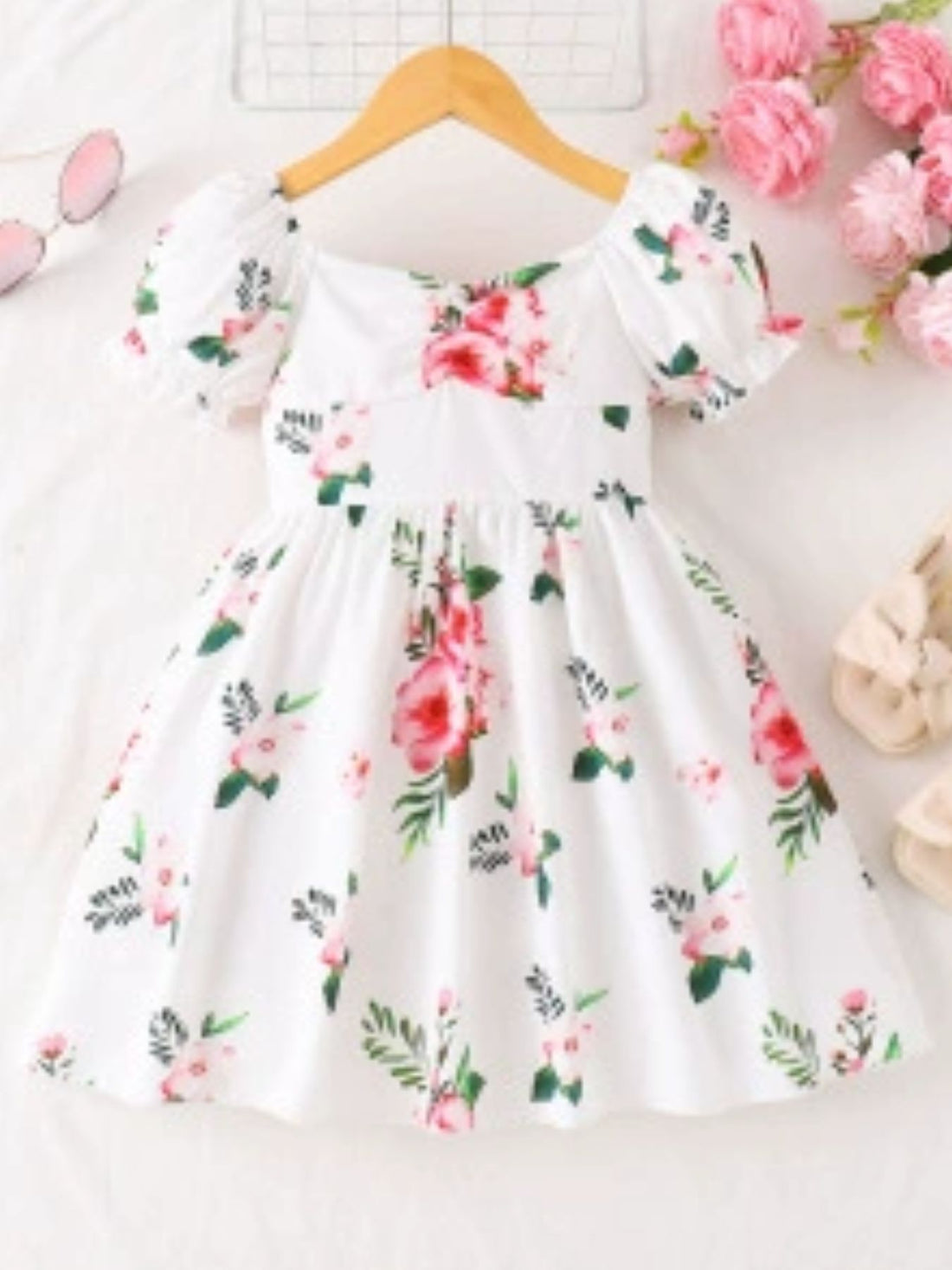 kids‑floral‑puff‑sleeve‑casual‑dress‑front‑view‑children‑cute‑outfit