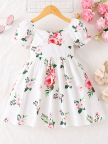 kids‑floral‑puff‑sleeve‑casual‑dress‑front‑view‑children‑cute‑outfit