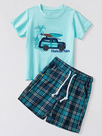 kids-graphic-tshirt-plaid-shorts-set-front-view-children-outfit