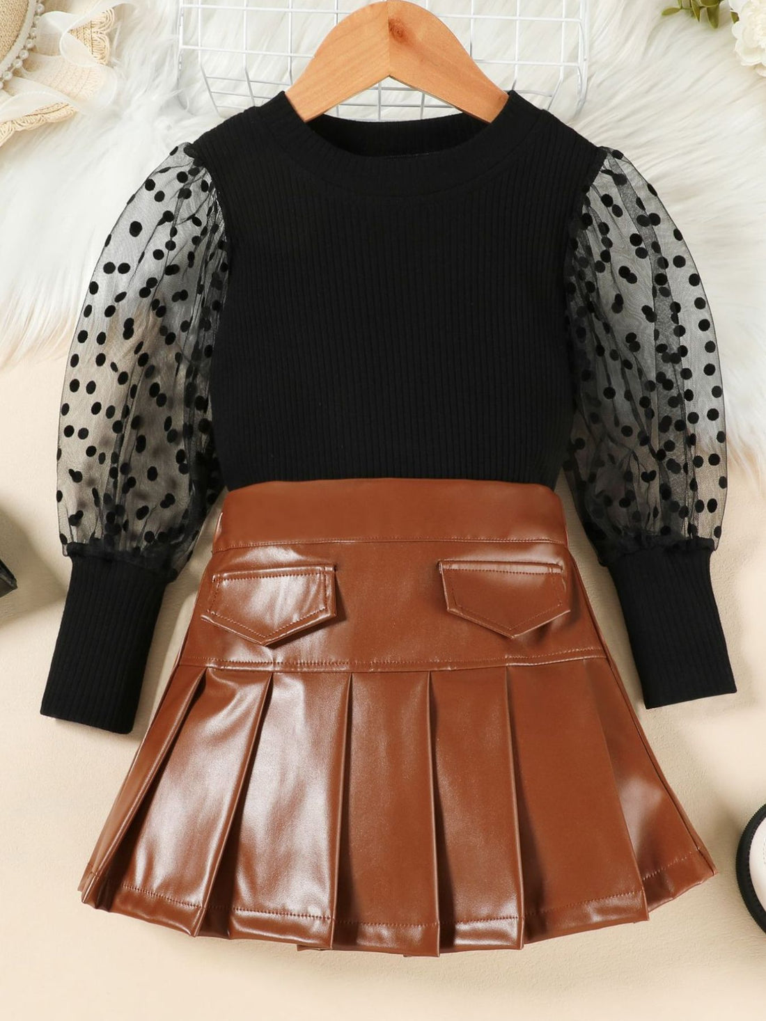 kids-polka-dot-sleeve-top-faux-leather-skirt-set-front-view-cute-outfit