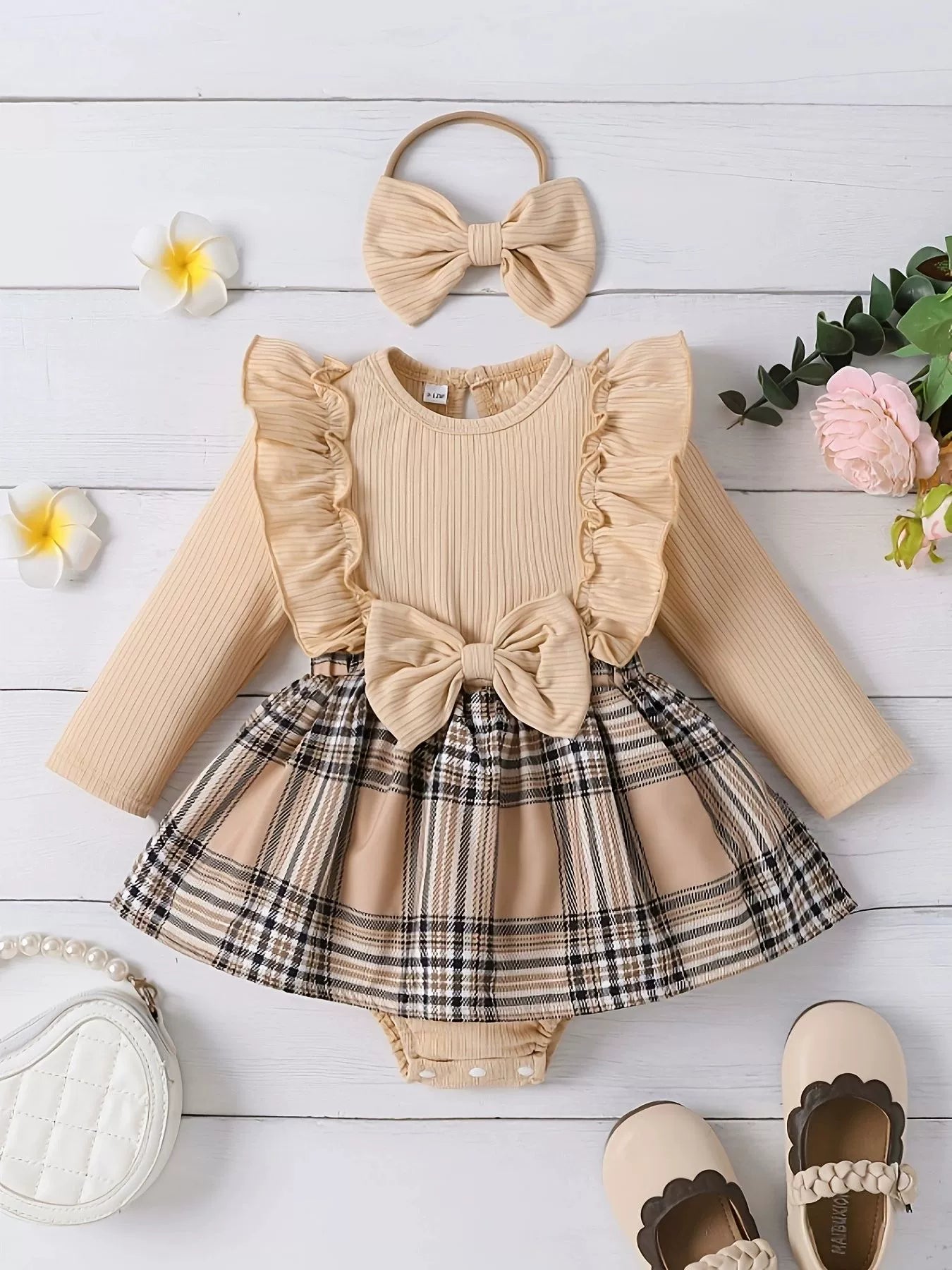 kids-ruffle-trim-plaid-dress-with-headband-set-front-view-cute-outfit