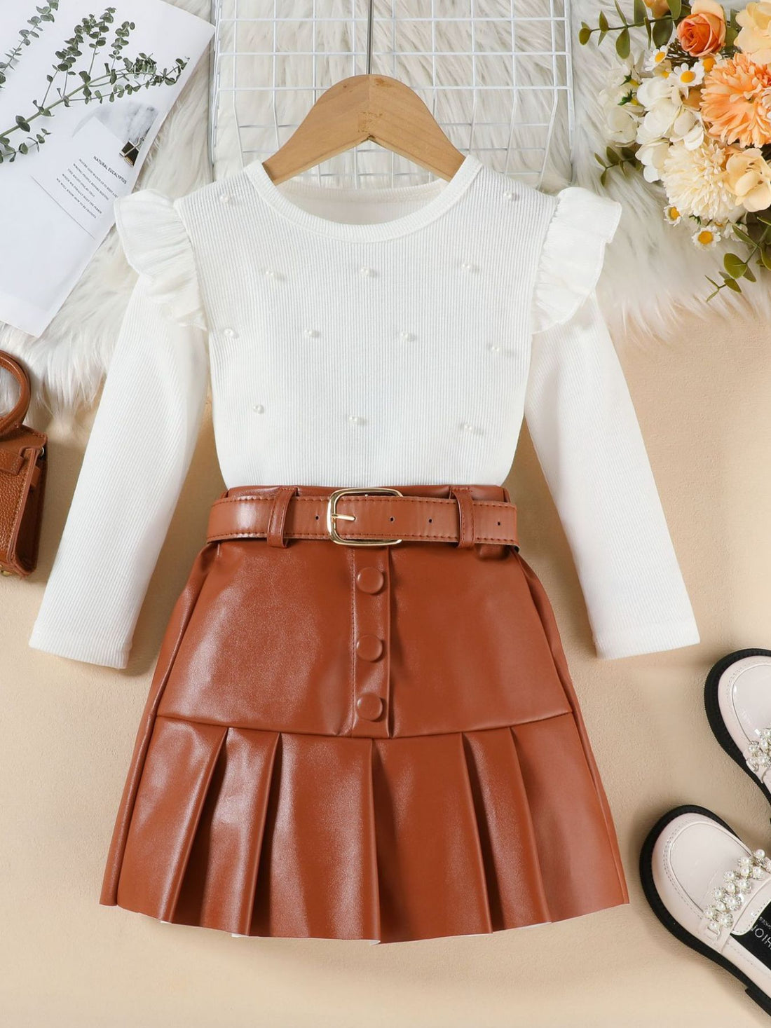 kids-ruffle-trim-top-faux-leather-pleated-skirt-set-front-view-cute-outfit