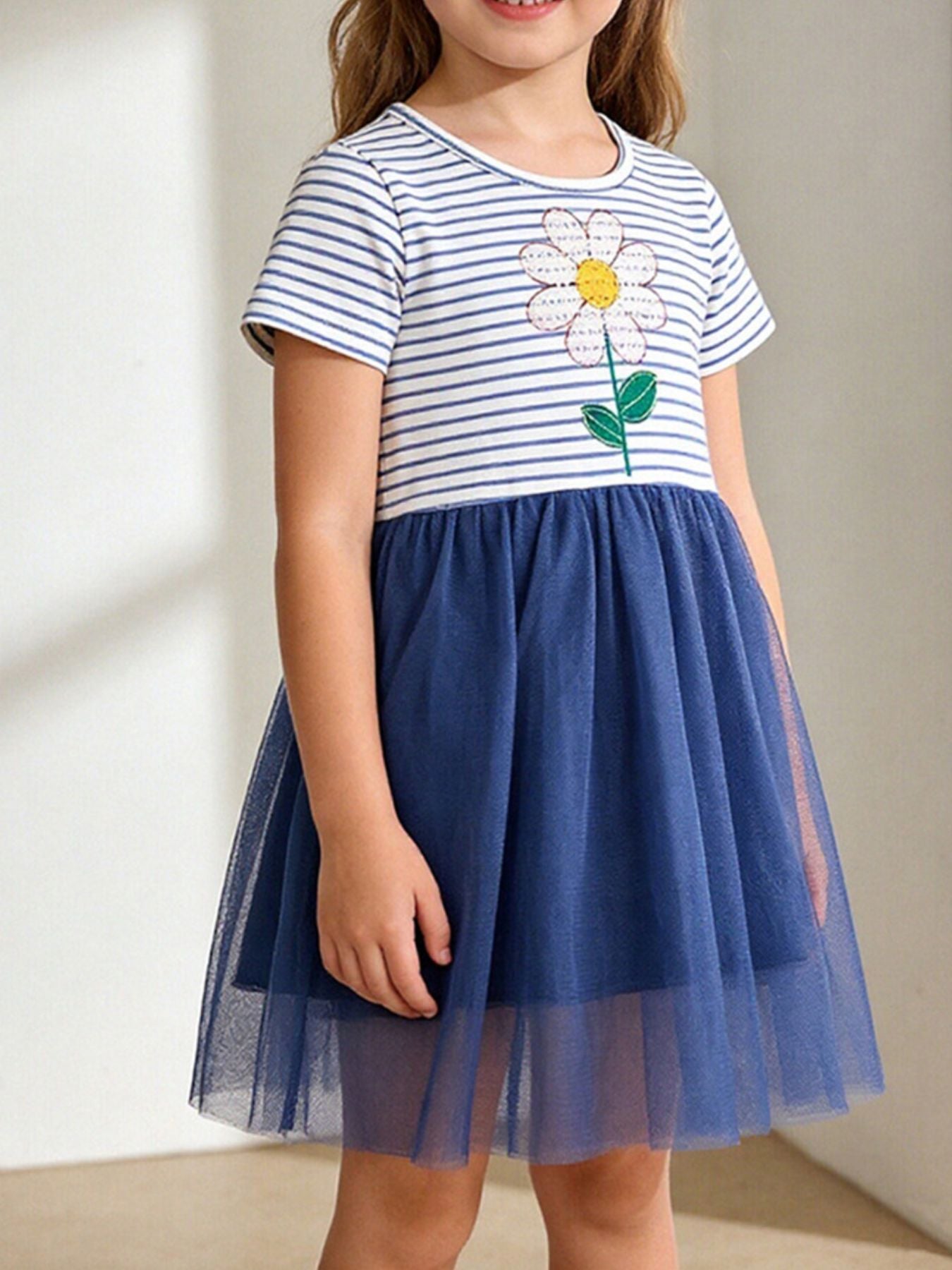 kids-striped-flower-tulle-dress-front-view-cute-outfit