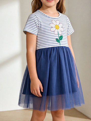 kids-striped-flower-tulle-dress-front-view-cute-outfit