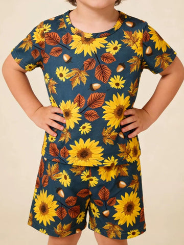 kids‑sunflower‑autumn‑leaves‑tee‑and‑shorts‑set‑front‑view‑children‑casual‑outfit