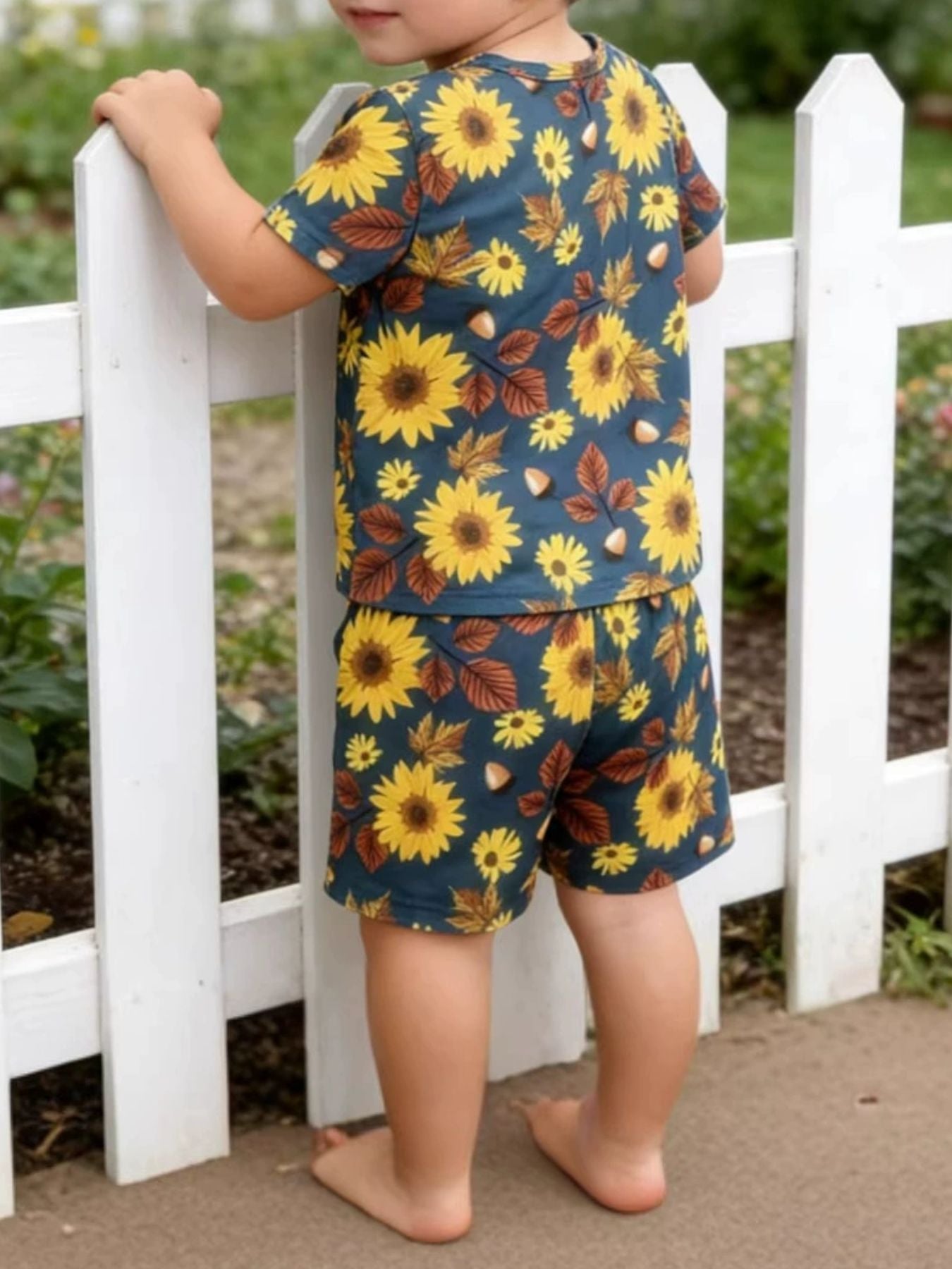 kids‑sunflower‑autumn‑leaves‑tee‑and‑shorts‑set‑side‑view‑playful‑fashion
