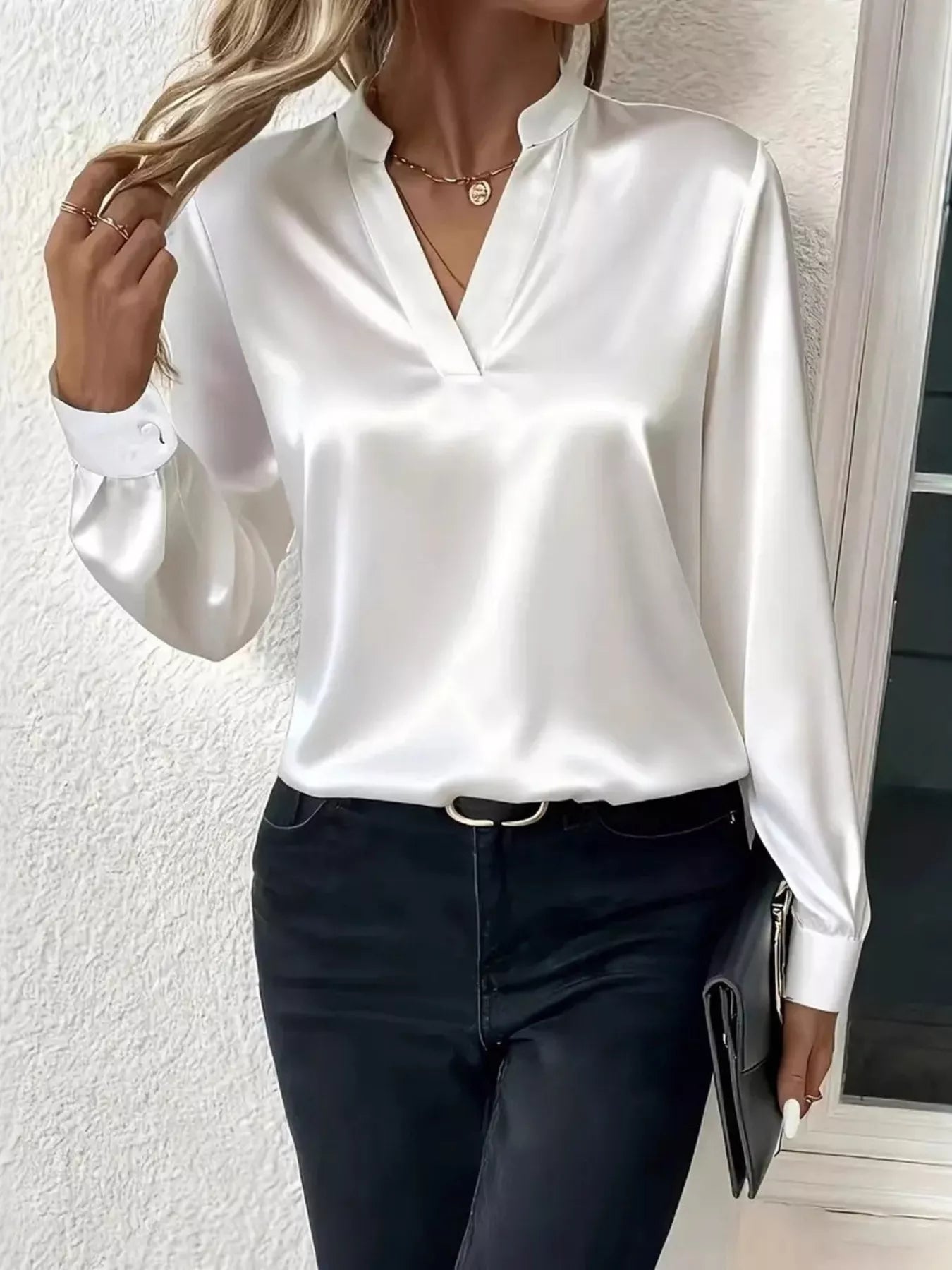 notched-neck-long-sleeve-blouse-front-view-womens-fashion