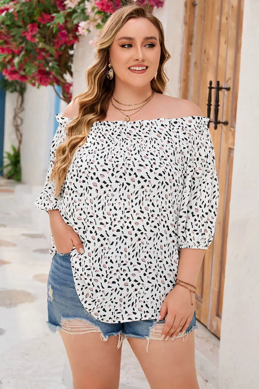 plus-size-printed-off-shoulder-half-sleeve-blouse-front-view-womens-fashion