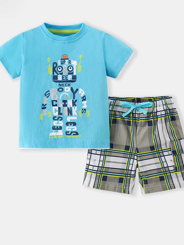 kids-robot-tee-plaid-shorts-set-front-view-children-outfit