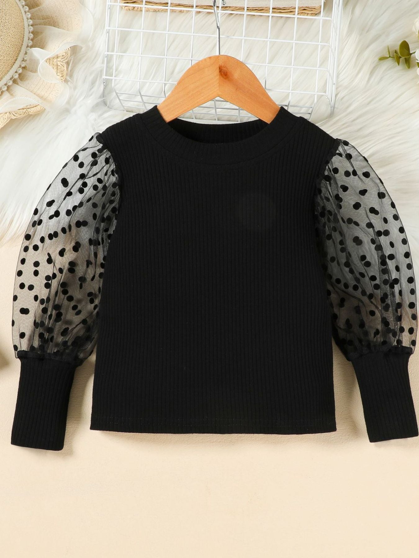 kids-polka-dot-sleeve-top-faux-leather-skirt-set-side-view-stylish-design
