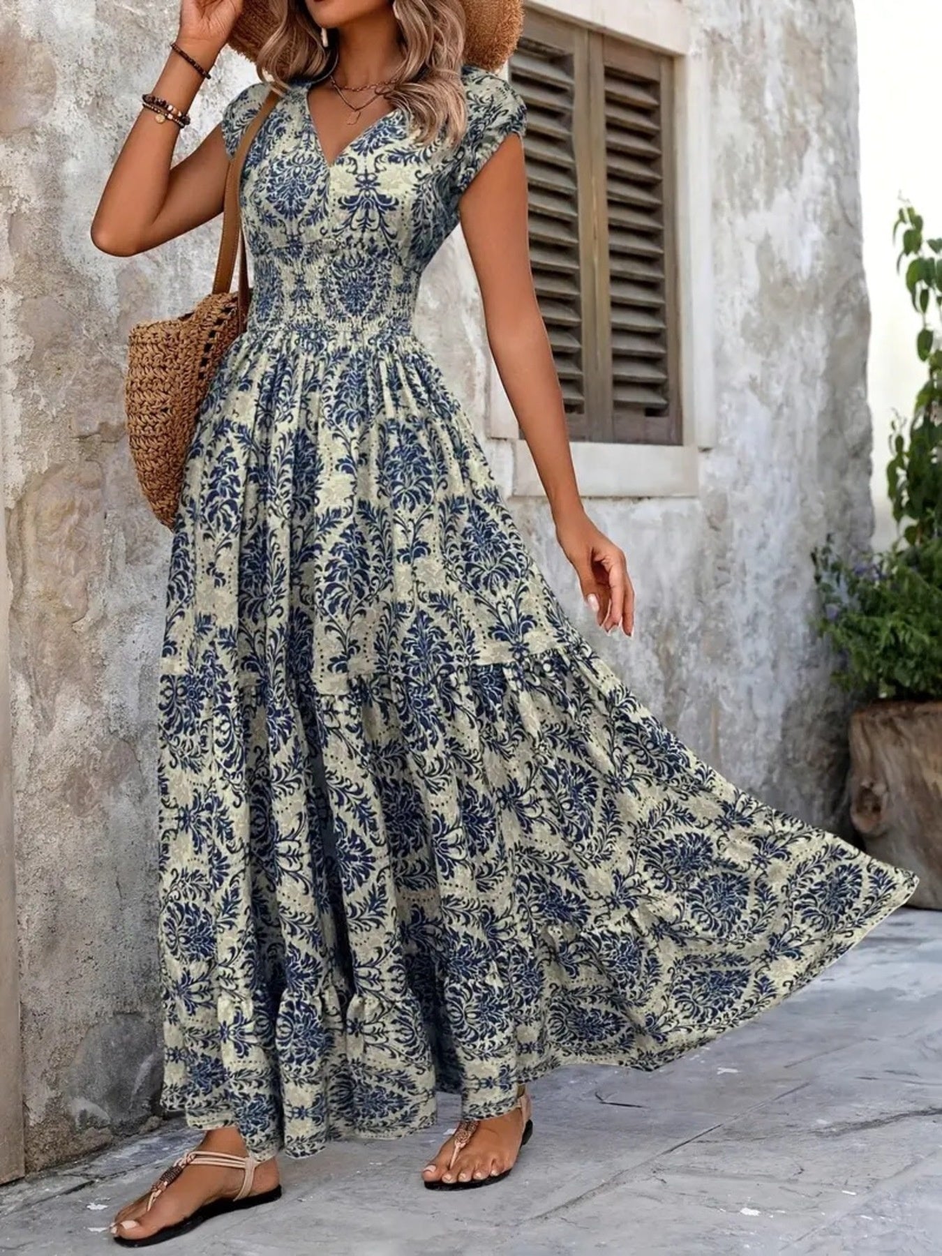 printed-cap-sleeve-maxi-dress-back-view-comfortable-fit