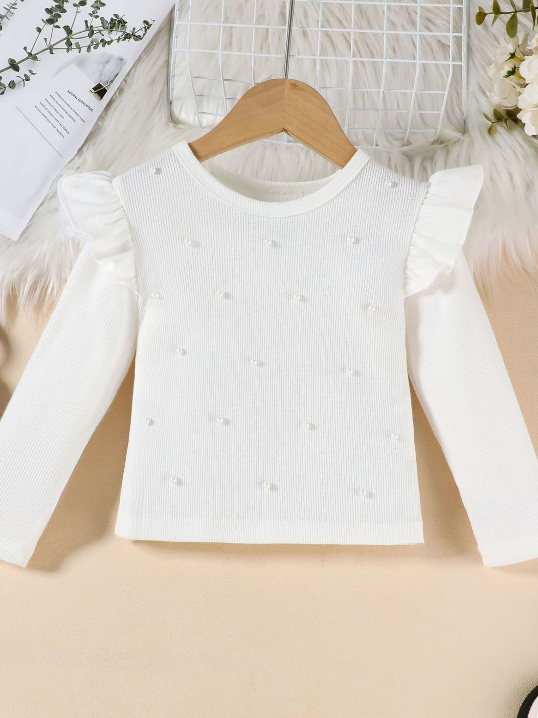 kids-ruffle-trim-top-faux-leather-pleated-skirt-set-front-view-cute-outfit