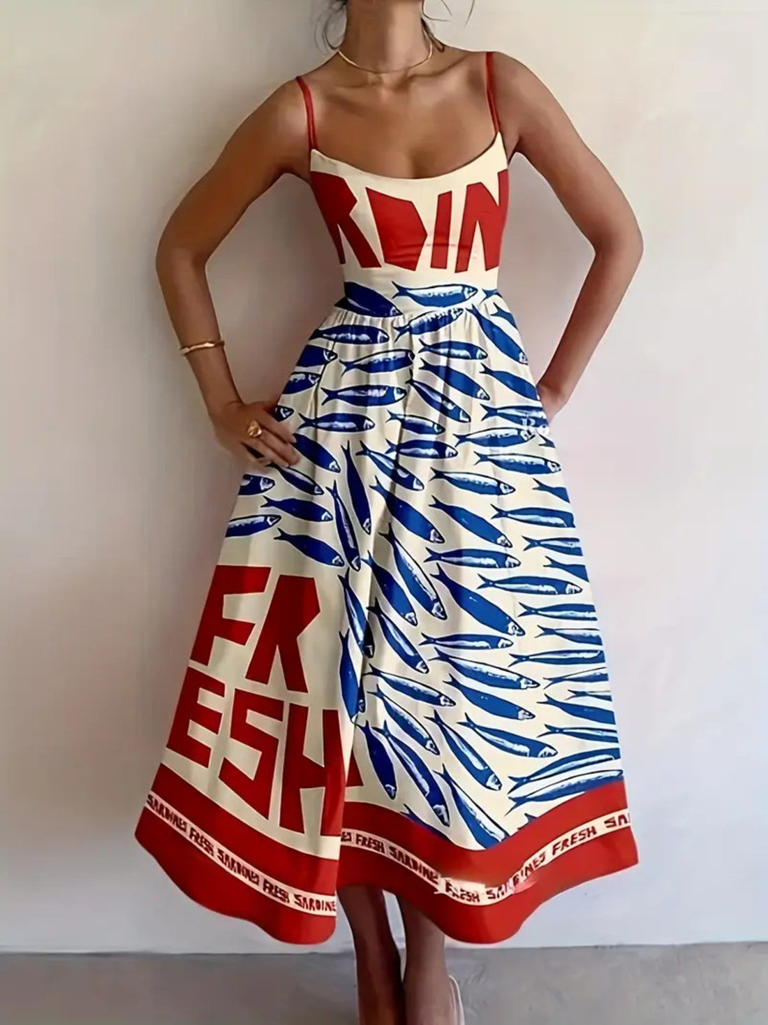 sardine-print-spaghetti-strap-midi-dress-front-view-womens-fashion