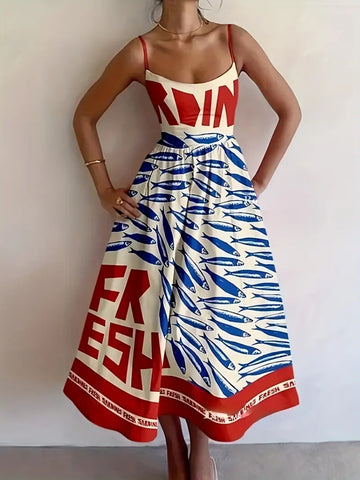 sardine-print-spaghetti-strap-midi-dress-front-view-womens-fashion