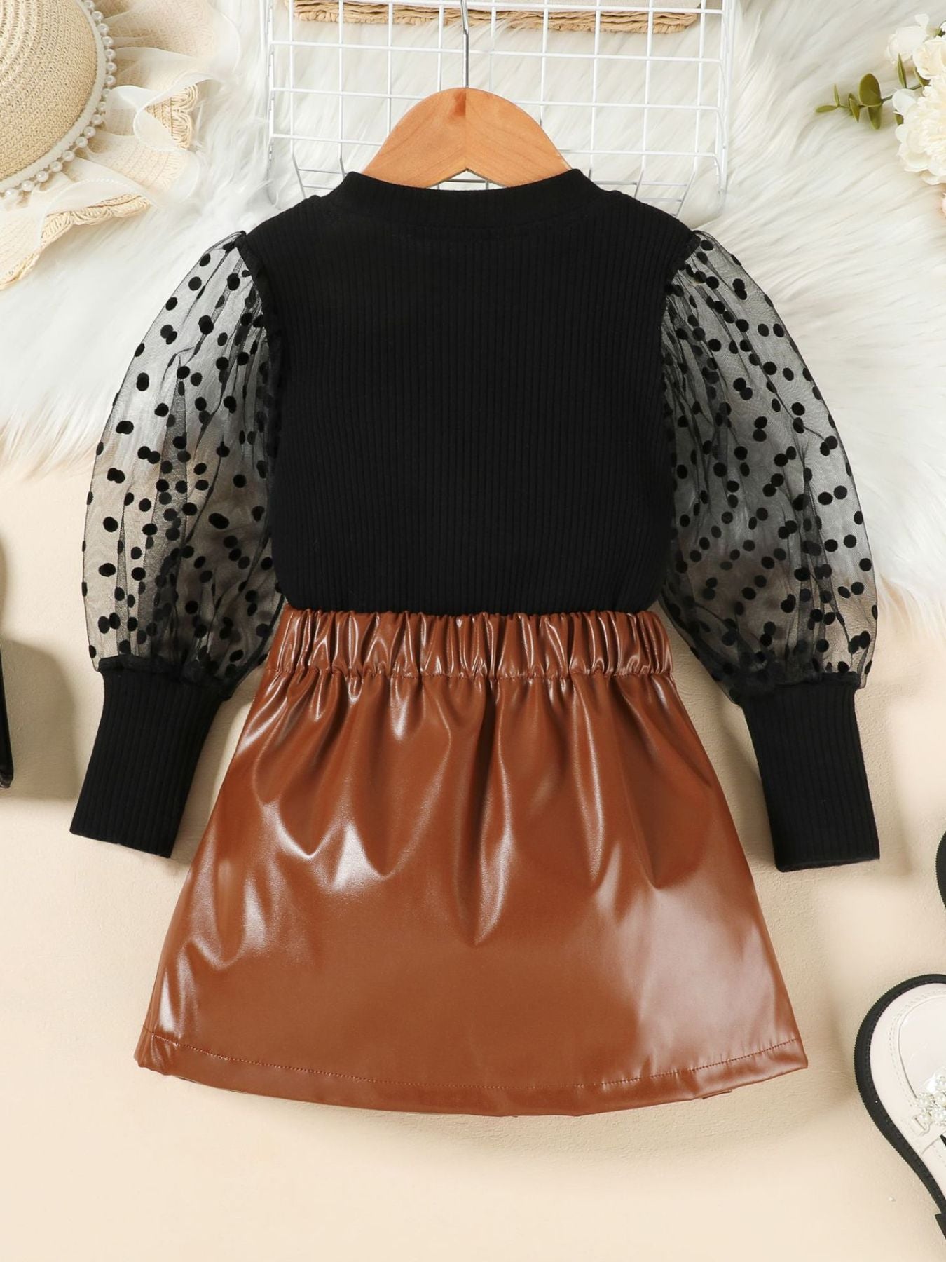 styled-kids-polka-dot-sleeve-top-faux-leather-skirt-set-casual-look