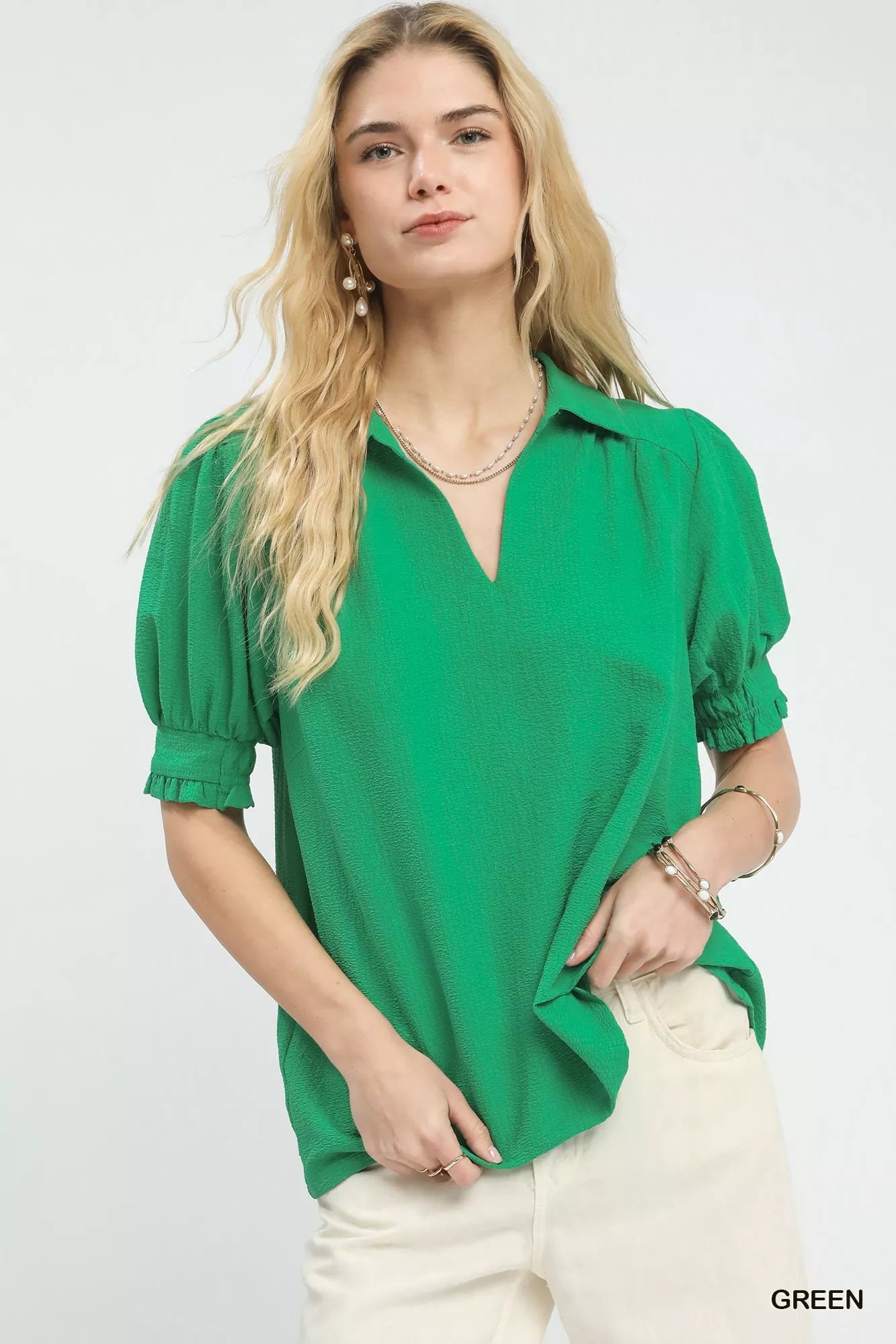umgee-seersucker-puff-sleeve-blouse-front-view-womens-fashion-top