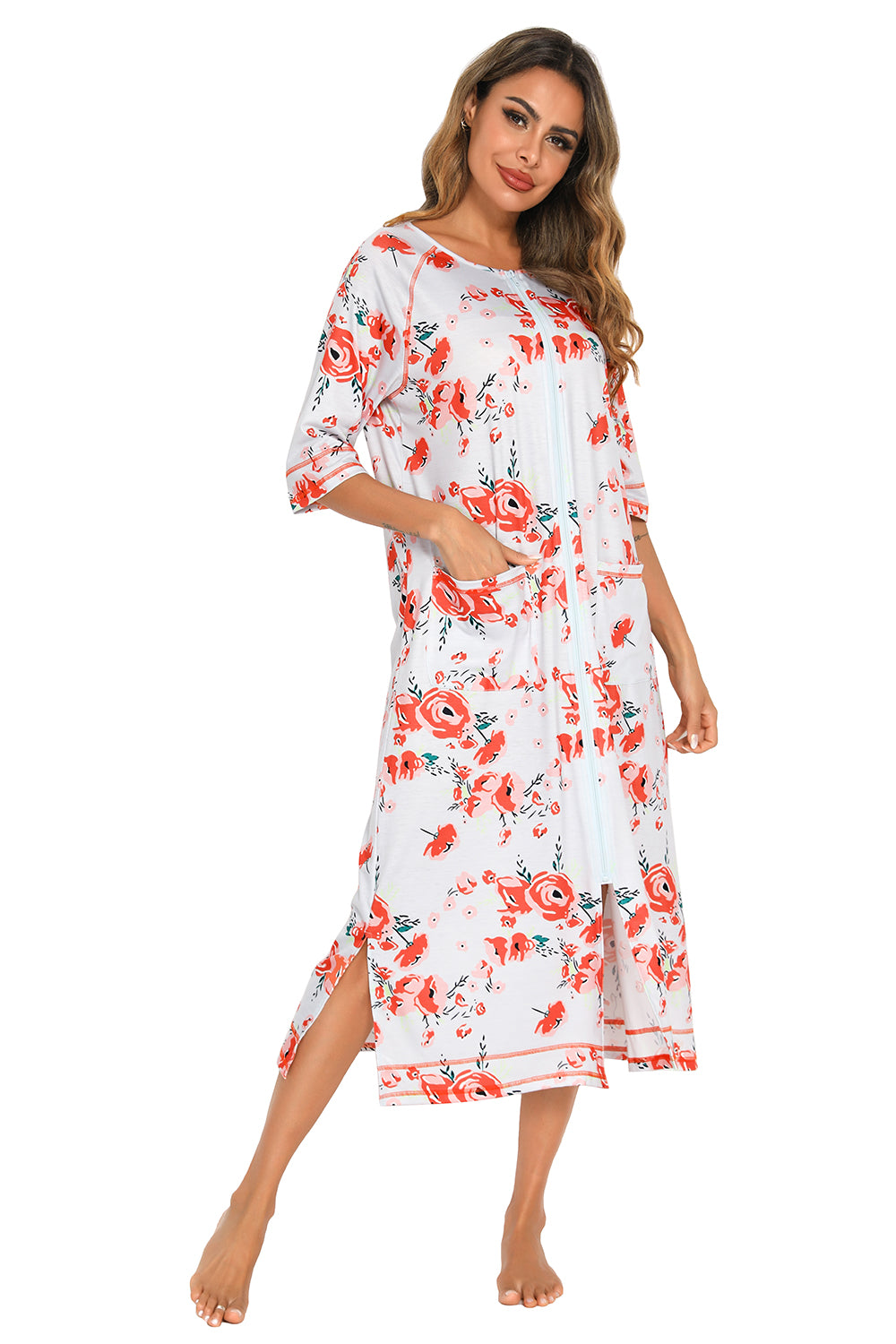 women-wearing-printed-slit-night-dress-loungewear-style