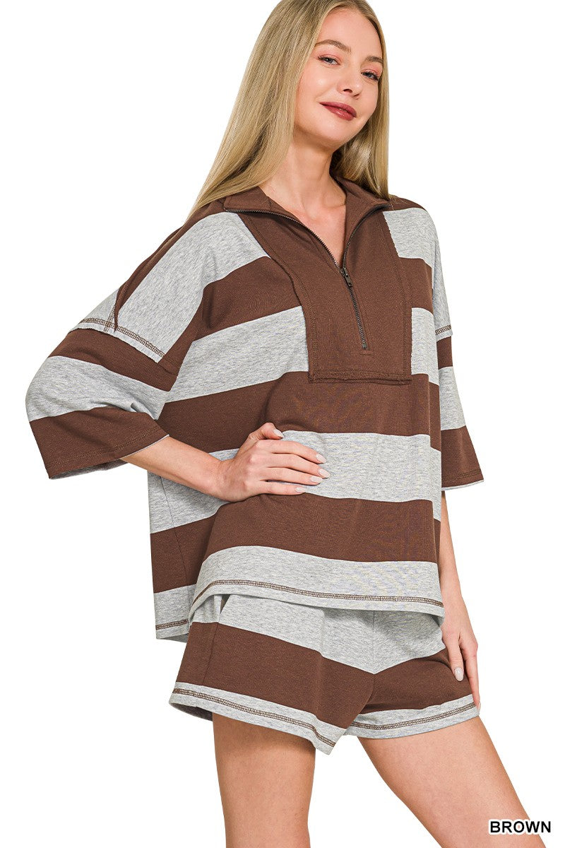 zenana-striped-half-zip-top-and-shorts-set-front-view-womens-casual-outfit