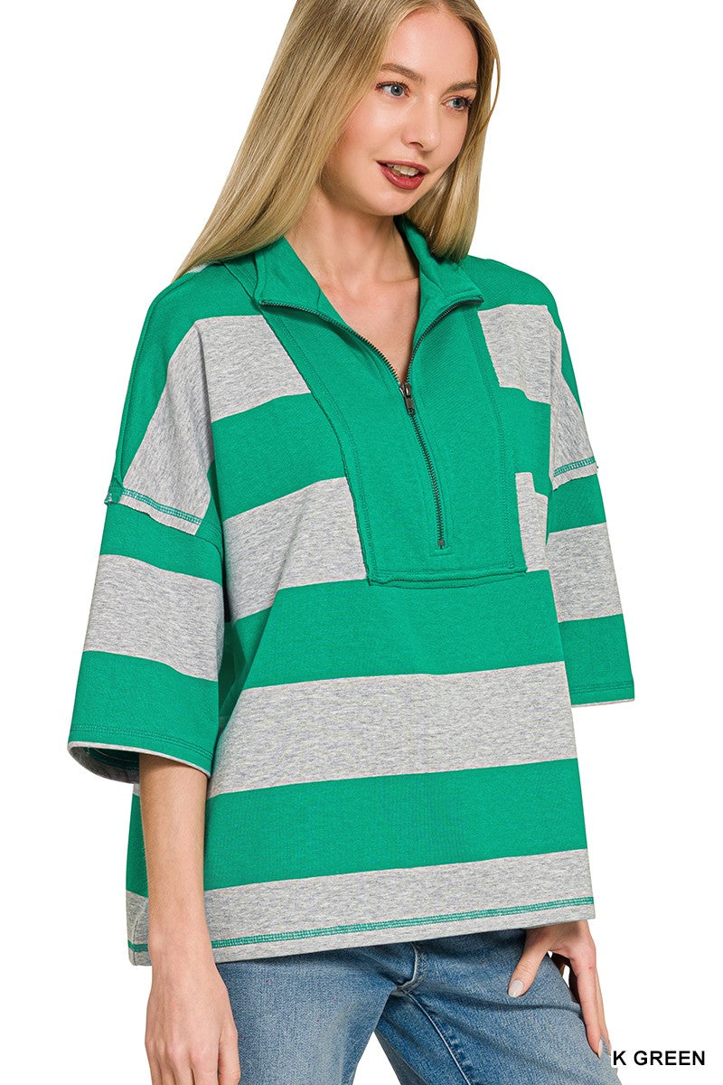 zenana-striped-half-zip-top-shorts-set-side-view-lounge-wear