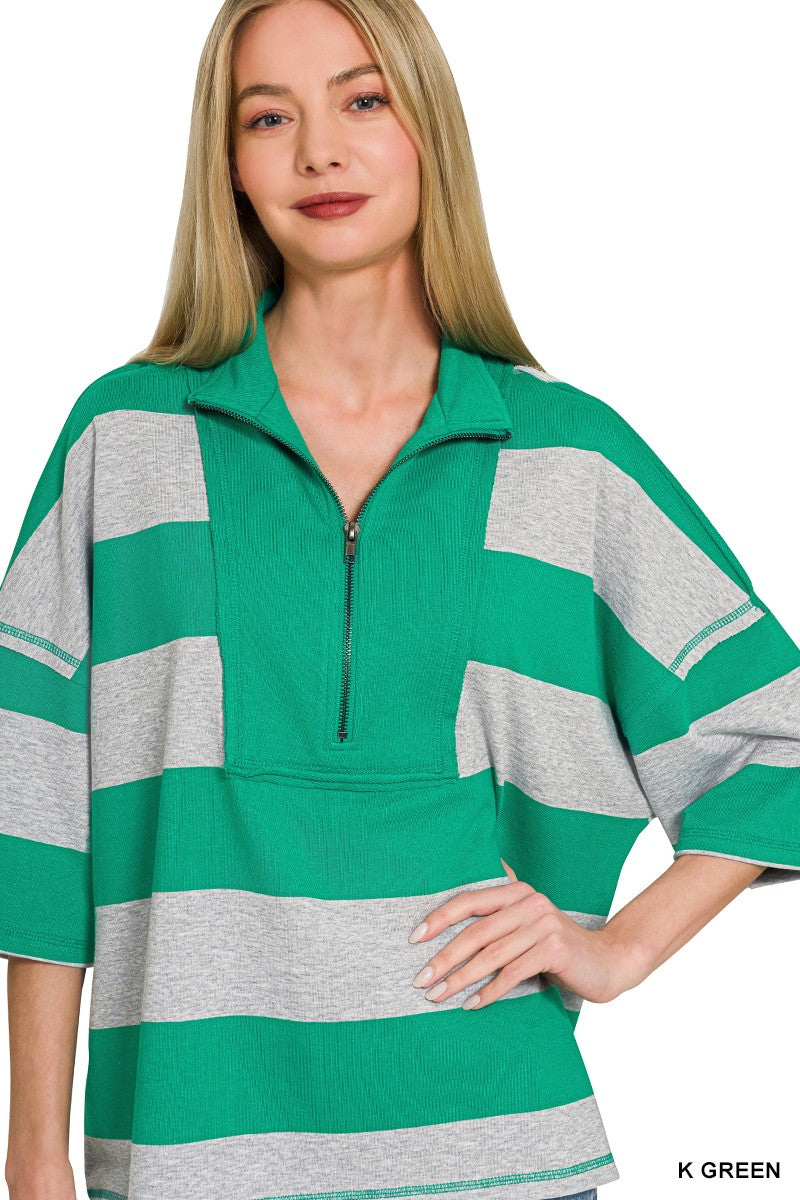 zenana-striped-half-zip-top-shorts-set-back-view-comfortable-fit