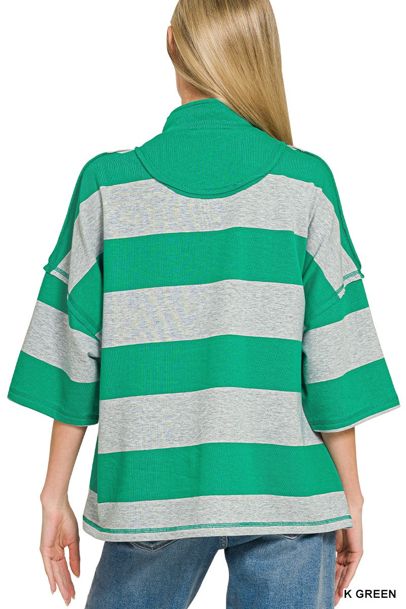 zenana-striped-half-zip-top-shorts-set-back-view-comfortable-fit