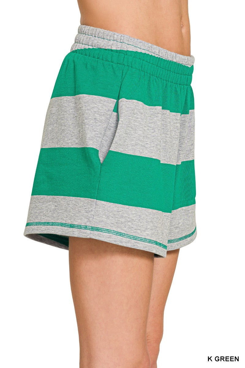 on-model-zenana-striped-half-zip-top-shorts-set-trendy-lounge-fashion