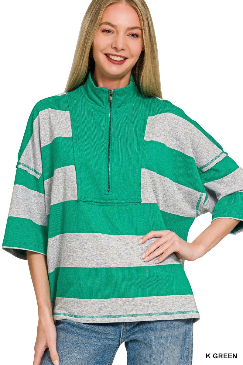 styled-zenana-striped-half-zip-top-shorts-set-casual-look