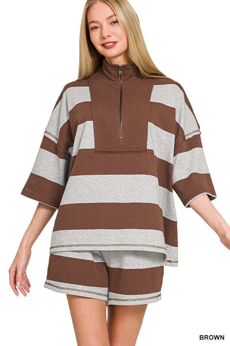 zenana-striped-half-zip-top-and-shorts-set-front-view-womens-casual-outfit