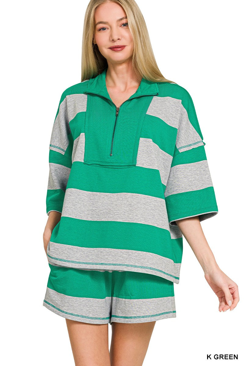 zenana-striped-half-zip-top-shorts-set-front-view-womens-casual-outfit