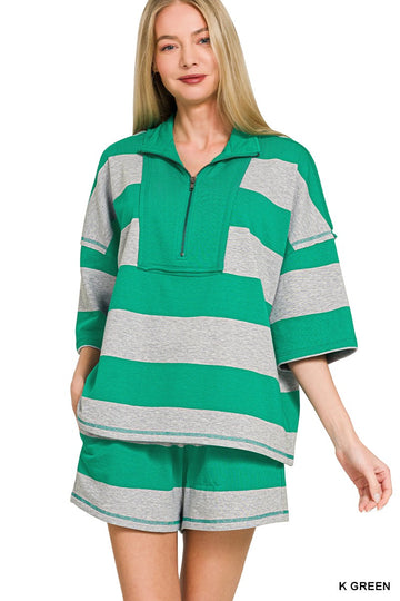 zenana-striped-half-zip-top-shorts-set-front-view-womens-casual-outfit