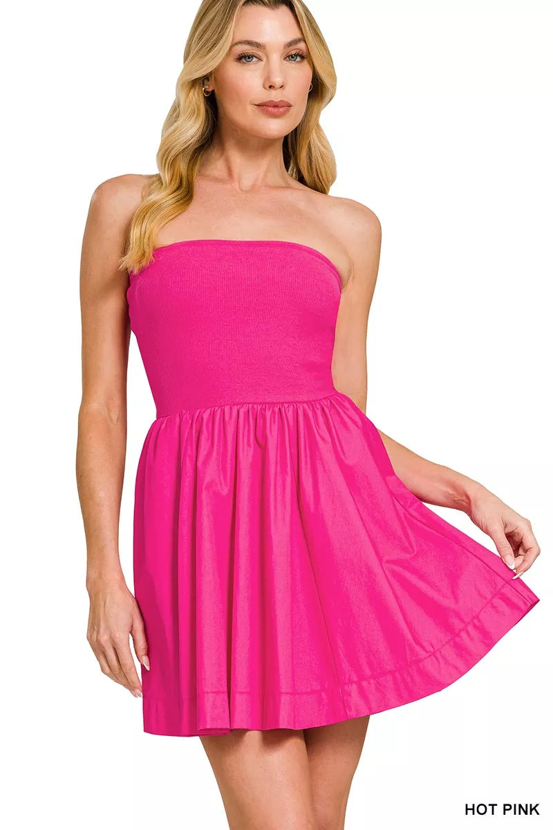 zenana-strapless-tube-top-flare-mini-dress-front-view-womens-fashion